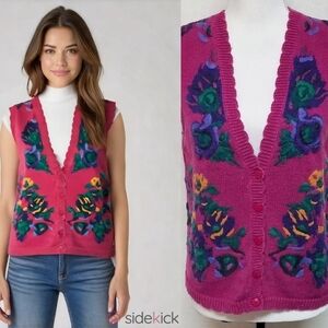 80s Vintage Lucia Magenta Floral Knit Scalloped Trim Cardigan Sweater Vest M